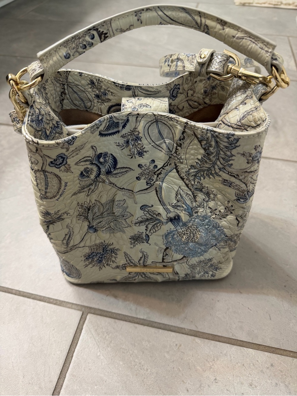 Brahmin Cream Shoulder Bag with Blue Floral Embossing